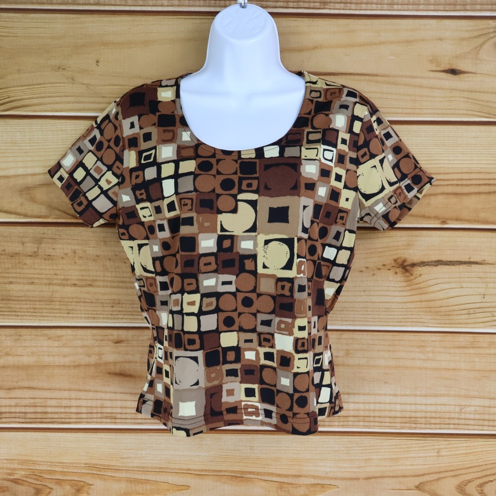 A. Byer California Short Sleeve Blouse Shirt Womens Sz L Brown Geometric Stretch